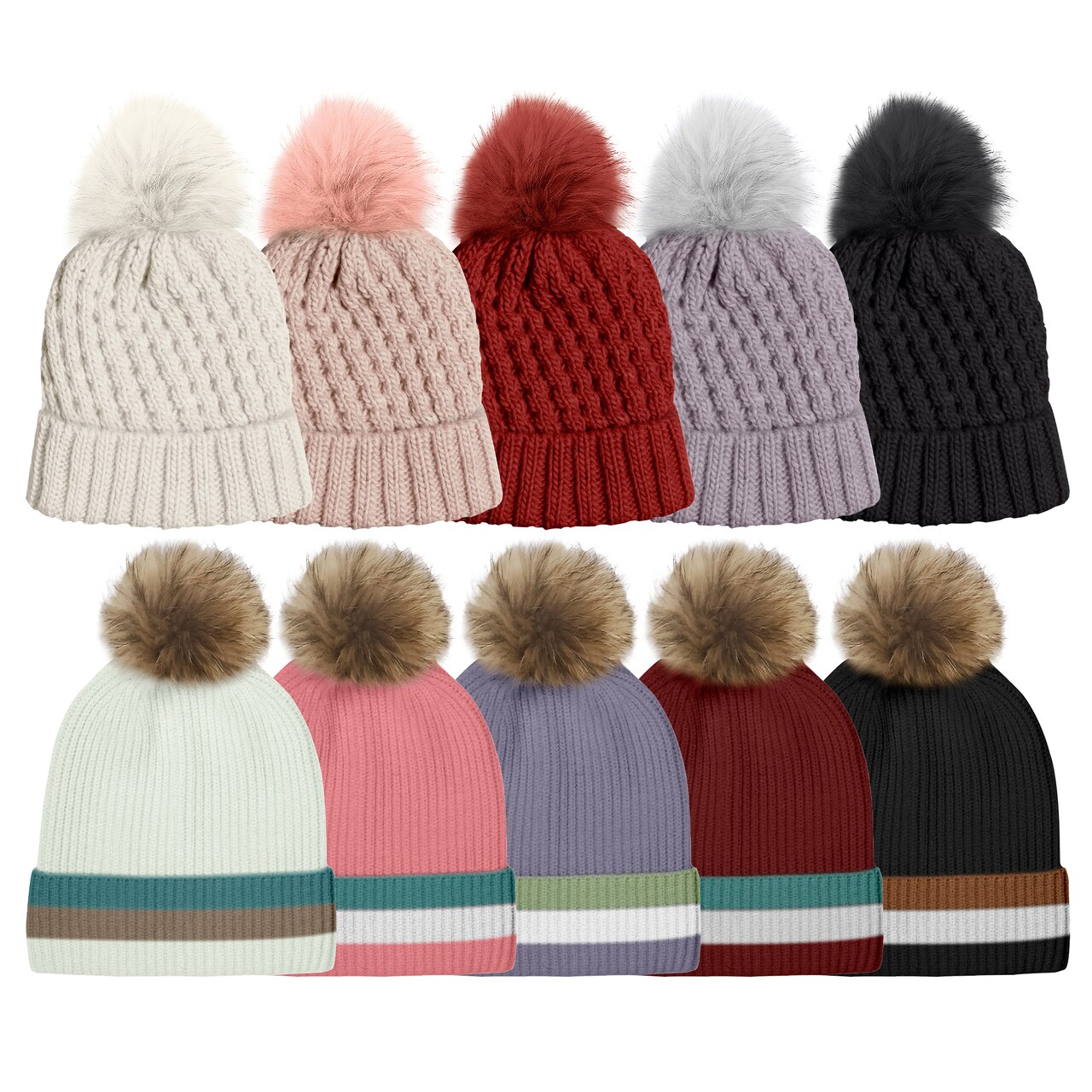 Womens Solid Warm Knit Stripe Cap Pom Pom Hat w/ Faux faux Lining